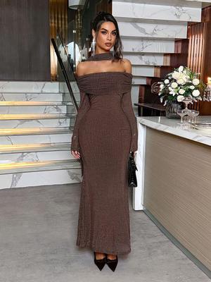 European Strapless Long Sleeve Bodycon Maxi Dress for Women - 2025 Autumn/Winter Collection