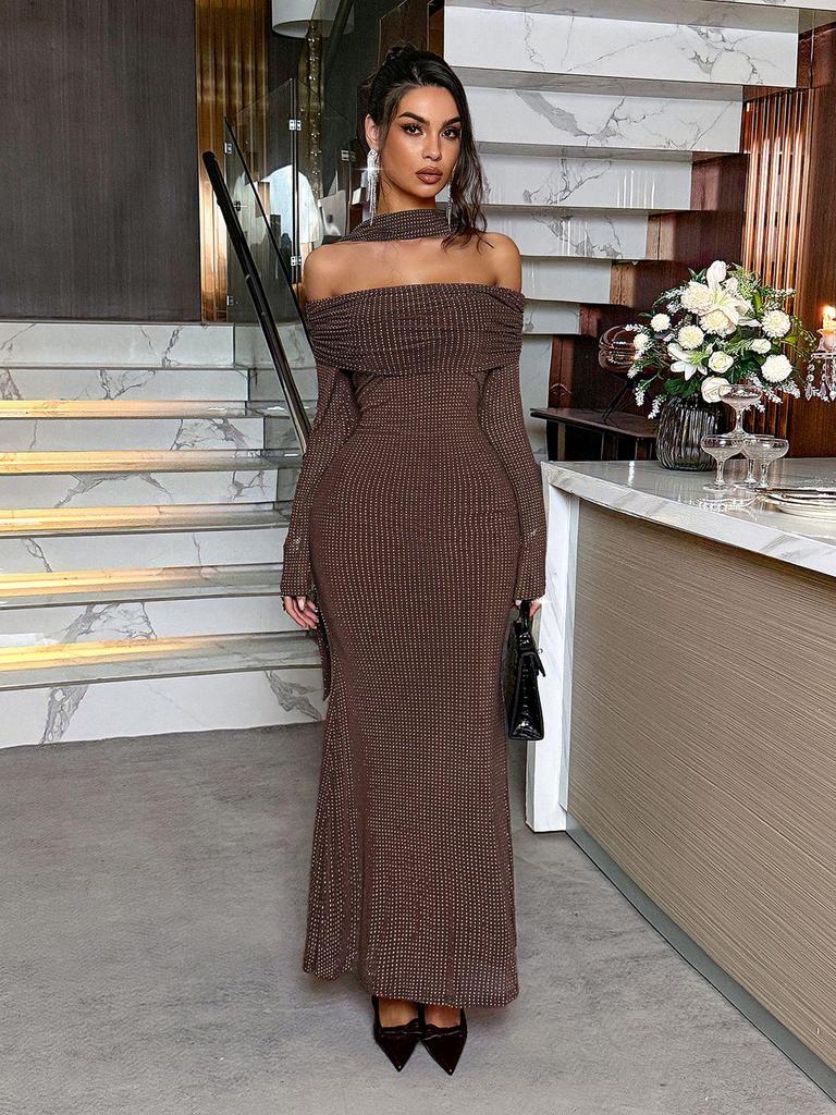 European Strapless Long Sleeve Bodycon Maxi Dress for Women - 2025 Autumn/Winter Collection