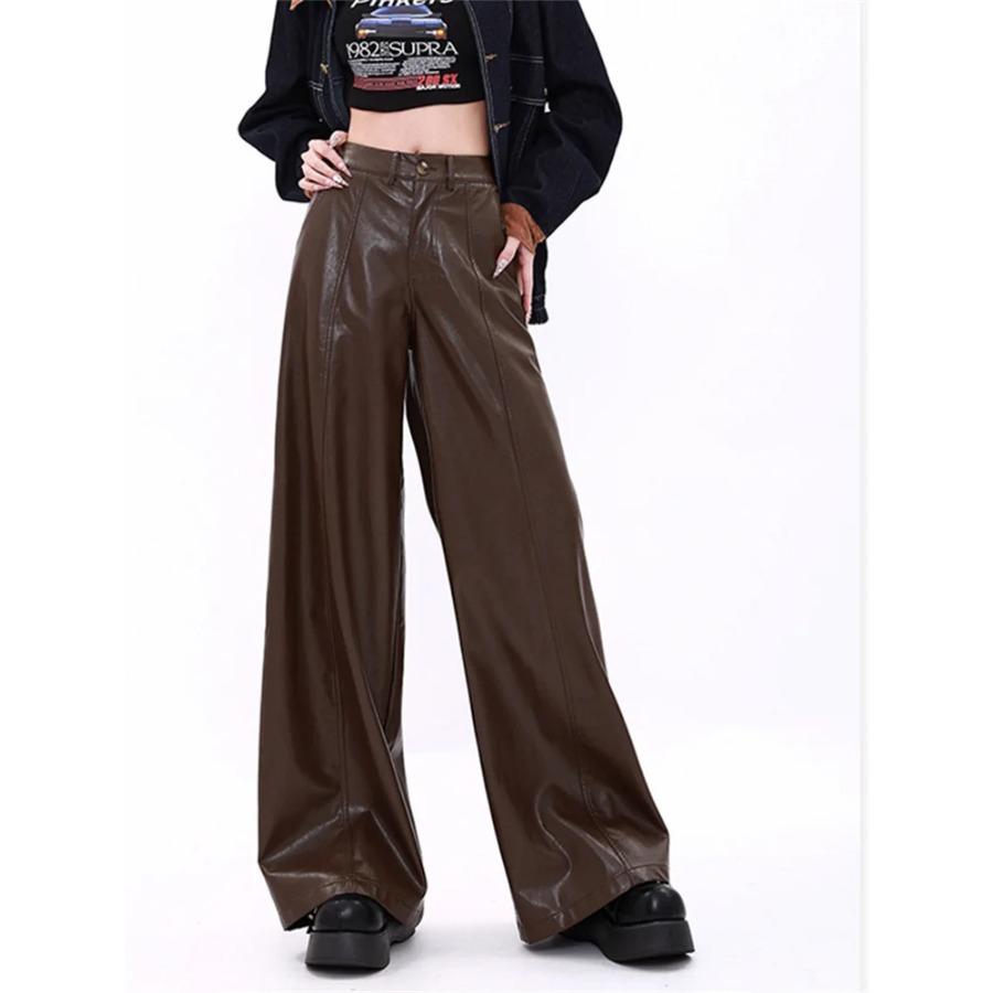 

Rockulzzang брюки из искусственной кожи женские осень зима 2024 винтажные новые широкие мешковатые брюки с высокой талией повседневные свободные прямые длинные брюки S кофейный