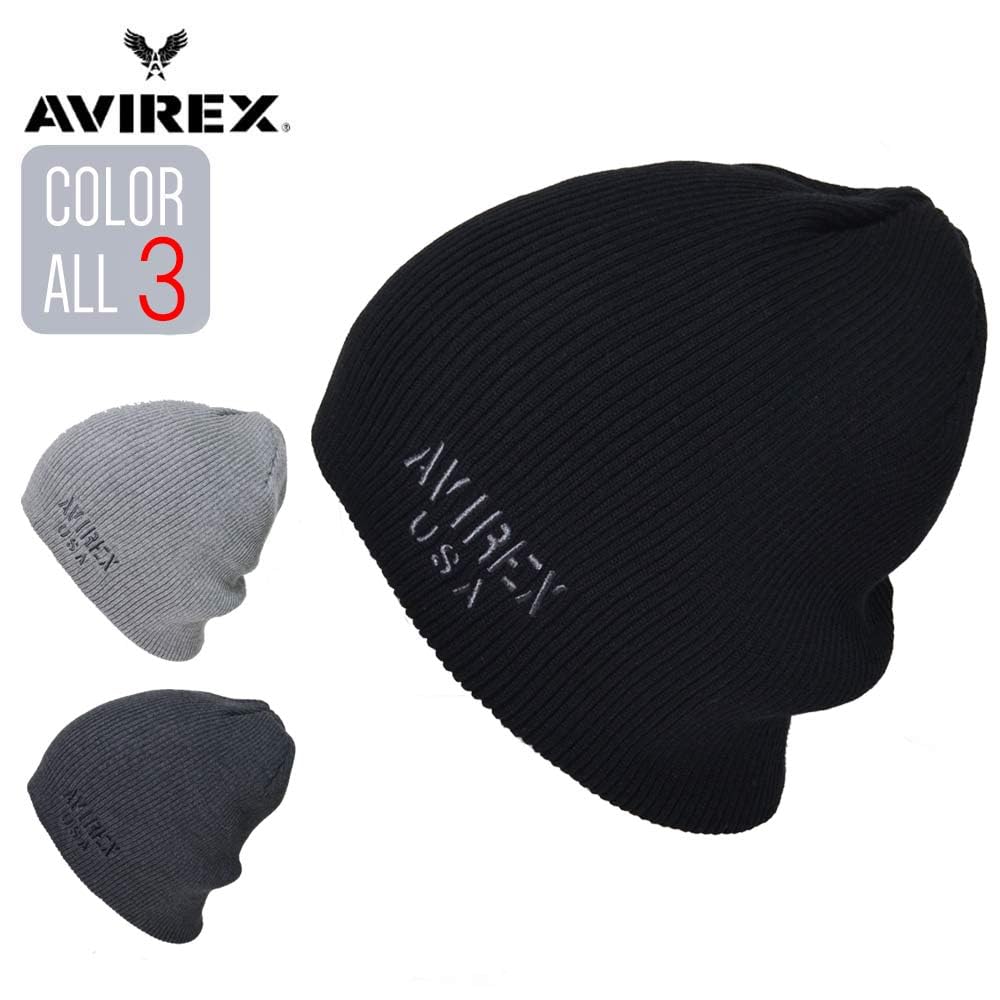 AVIREX Knit Cap Beanie Dark Ribbed with Embroidered (D-Type, Charcoal, Logo)