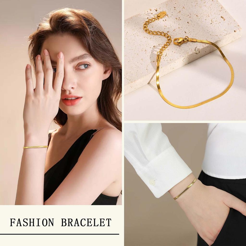 Herringbone Bracelet Women ,Thin Flat Snake Chain Link Wristband Stainless Steel Jewelry
