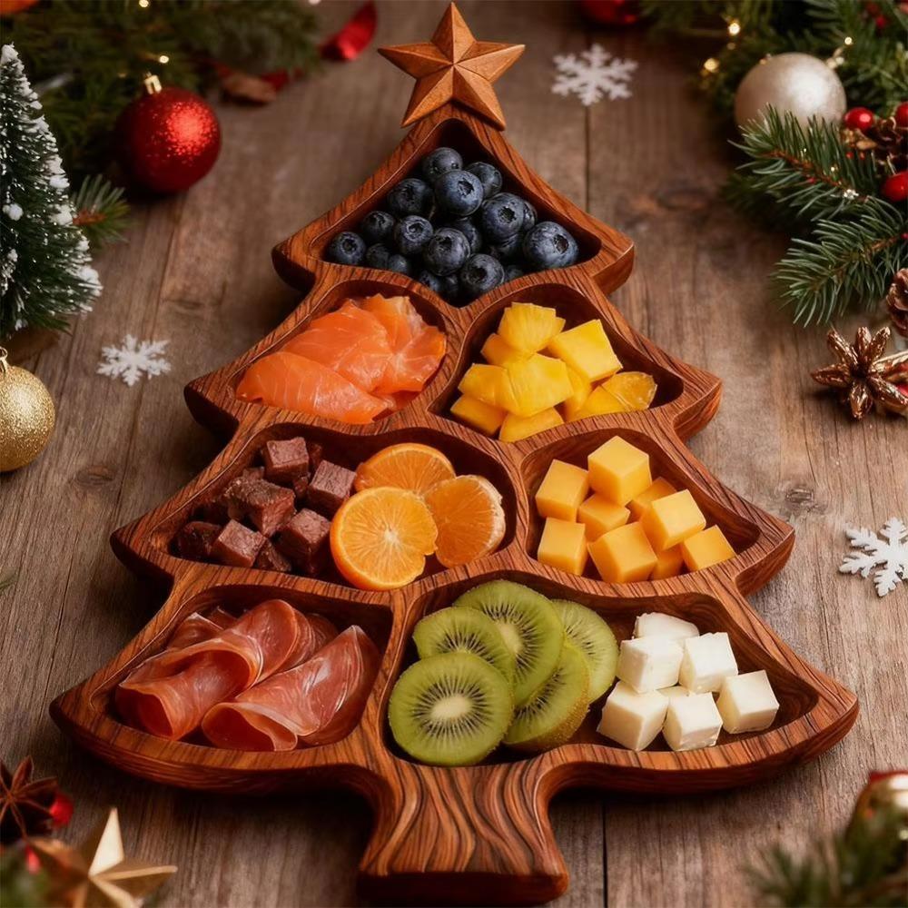 7 Grids Christmas Tree Cheese Serving Platter Wooden Snack Tray Charcuterie Board Living Room
