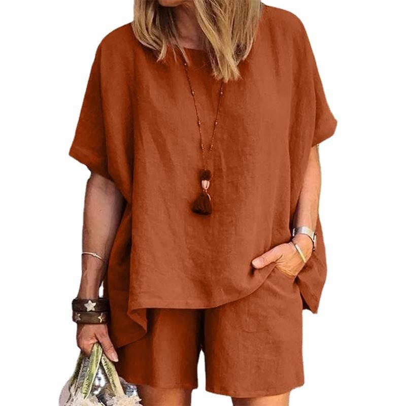 women's Solid Color Batwing Short Sleeve Loose Top High Waist Casual Shorts Summer Two Piece Outfit Set