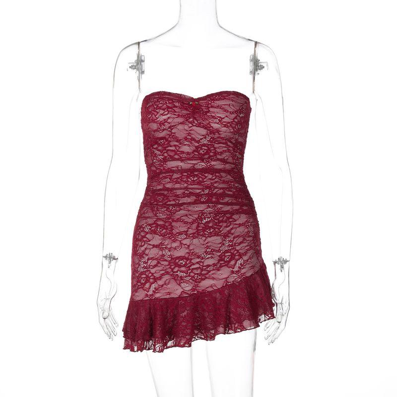 

Lace Wrapped Hip Ruffled Strapless Dress Lace Ruffles Tube Top Dress Burgundy XS