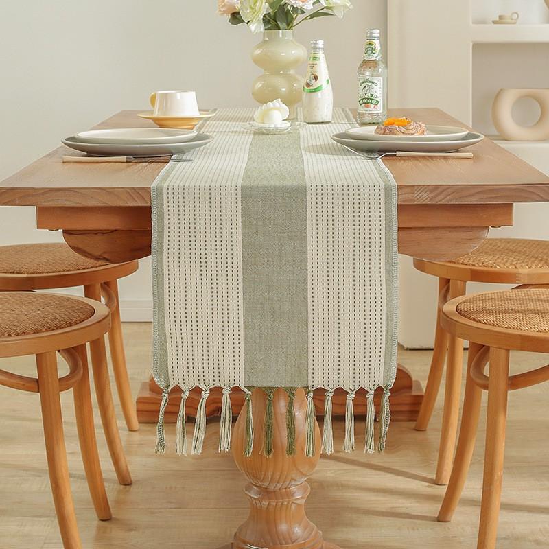 Handmade Tassel Cotton Linen Table Runner Dining Coffee Decor In American Rustic Style
