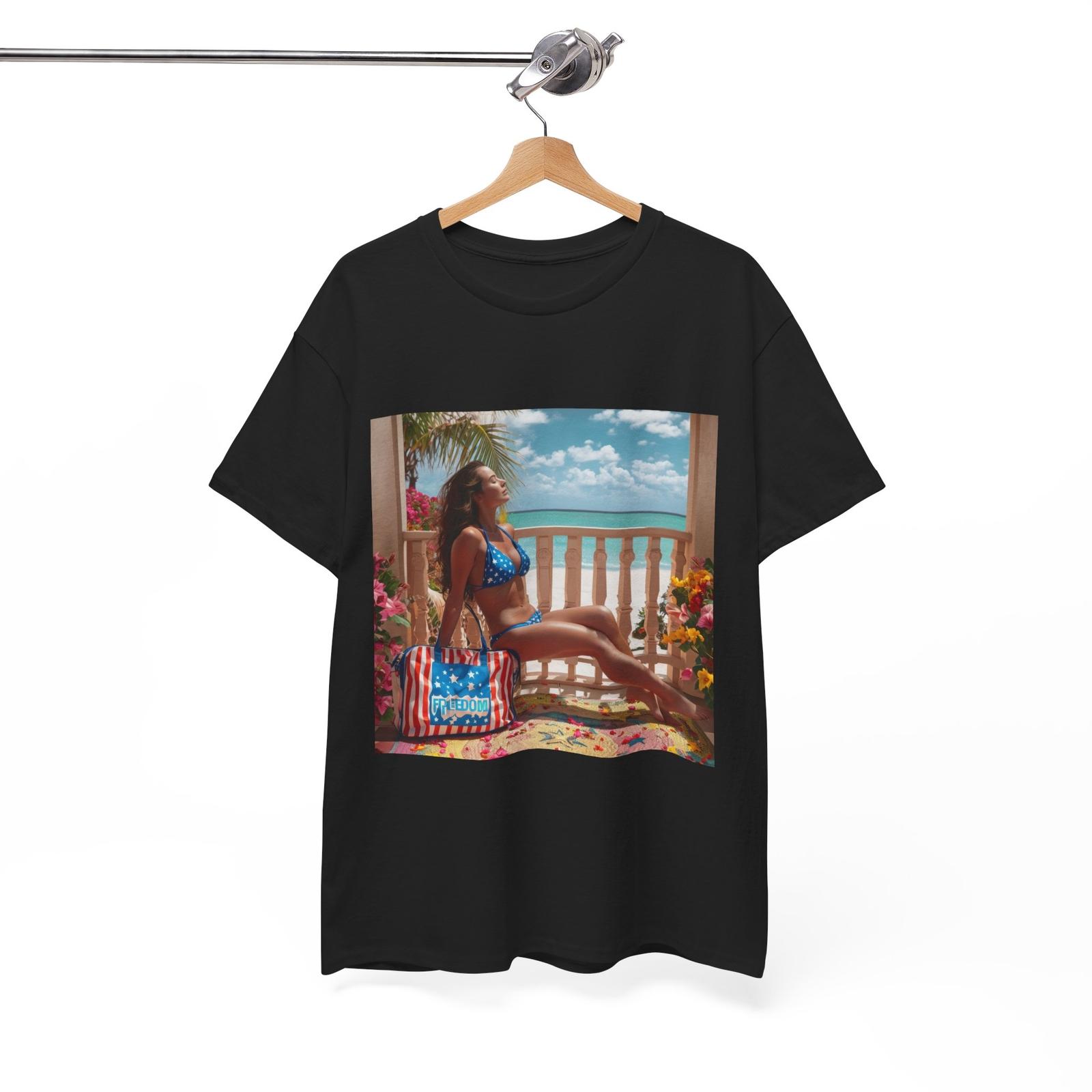 American Woman Enjoying Sunlight On Balcony Tee July 4th Independence Day TShirt 4XL