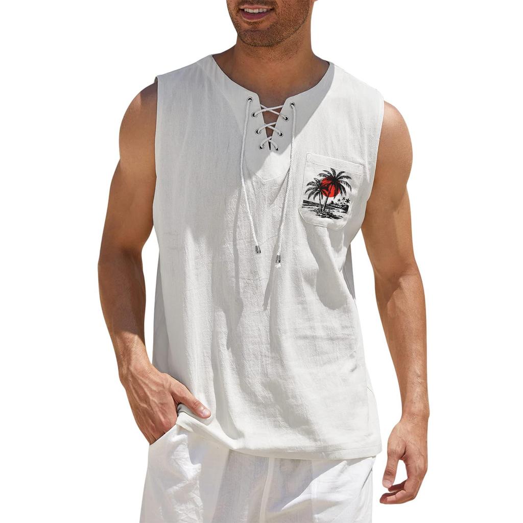 Men's Sleeveless Tank Top Loose Fit Casual Summer Vest with Lace-Up Neck and Printed Chest Pocket for Sports Outdoor