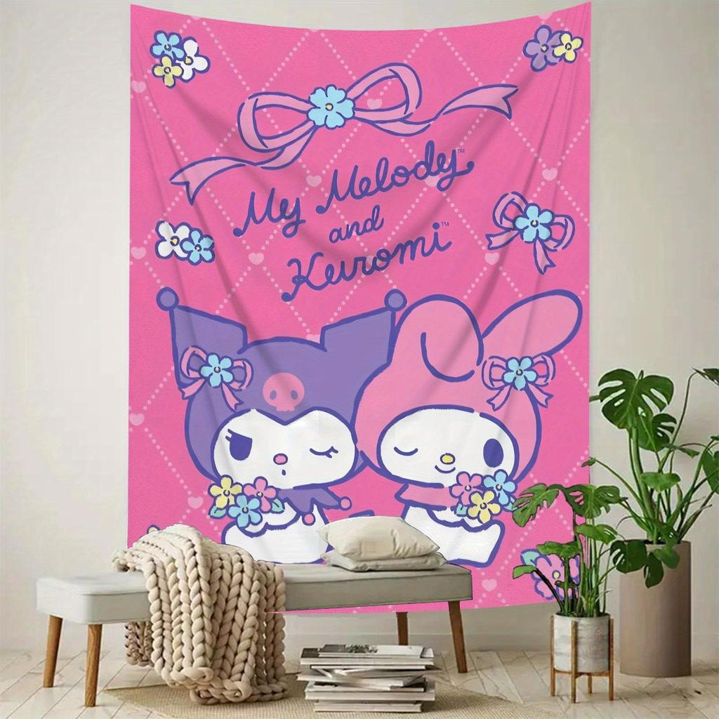 My melody and black beauty printed tapestry blue and purple cartoon characters floral decorations perfect for living rooms or