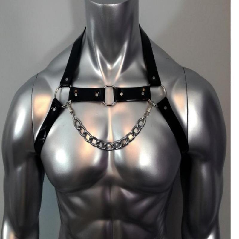 

European-American Style Men s Black Choker Belt Body Chain with Chest Strap Harness Pink [Leather Strap + Chain]
