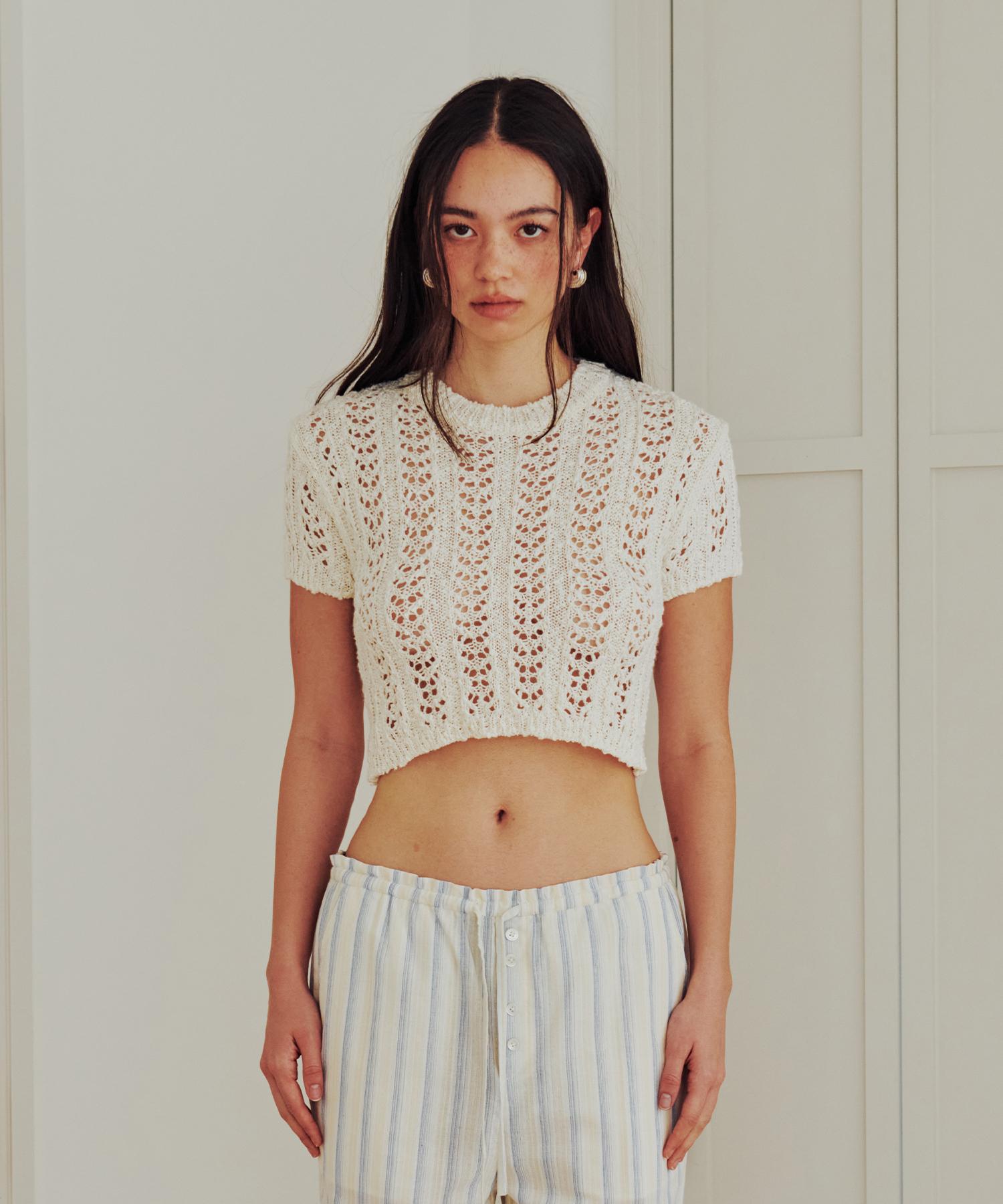 Thirteen Months Sheer Crop Knit Top (Ivory) Ivory