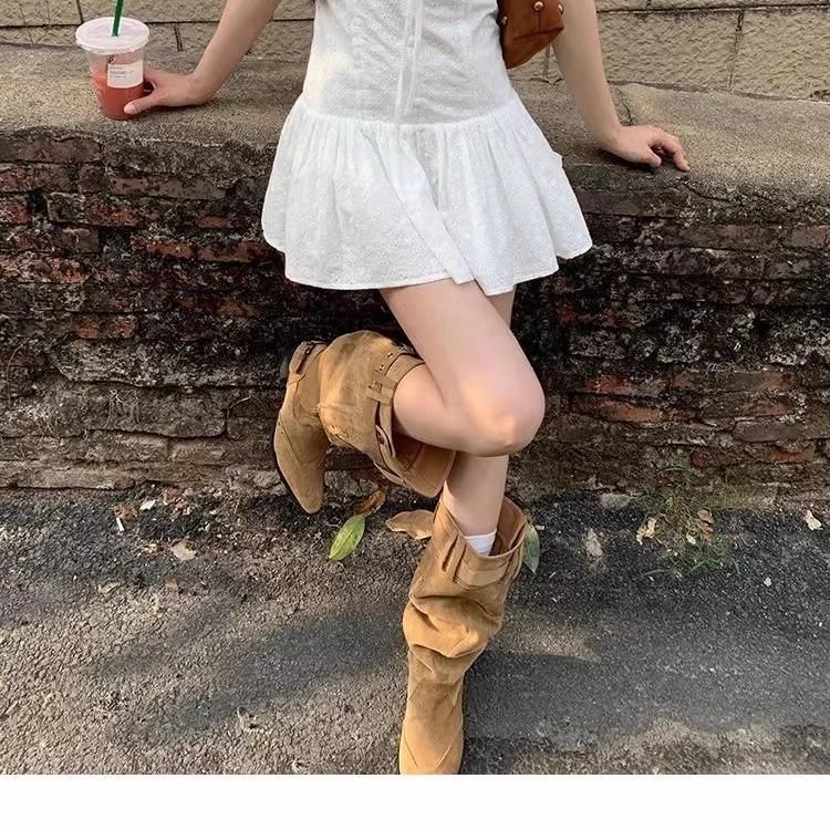 Vintage Maillard Boots Big Tube Skinny Pleated Pile Boots Women's Summer Pointed Thick Heel Khaki Boots