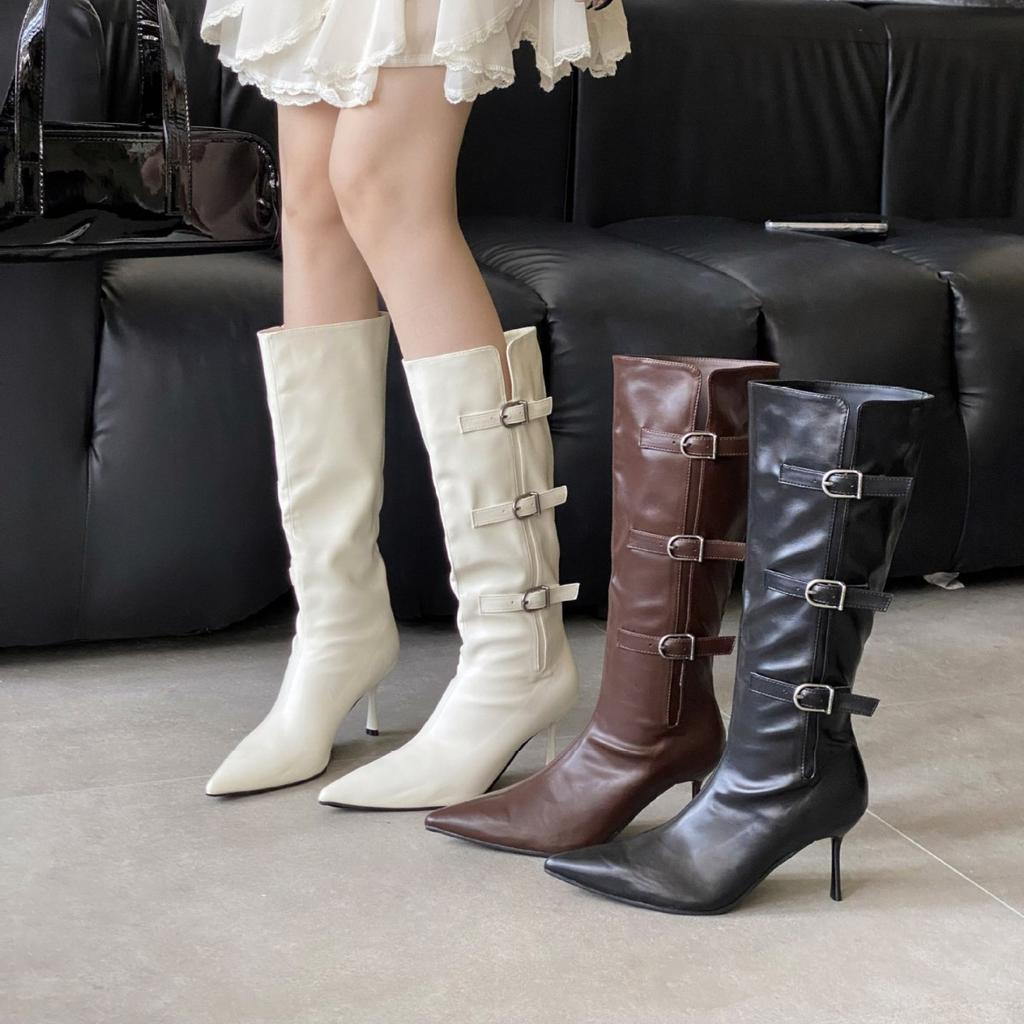 2025 autumn and winter new European and American buckle pointed head thin heel high heel temperament French fashion sexy beautiful women boots