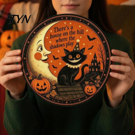Halloween Home Decoration Retro Wall Sign, Round Metal Decorative Vintage Style Plaque Rustic Art Decor for Living Room Party Signs