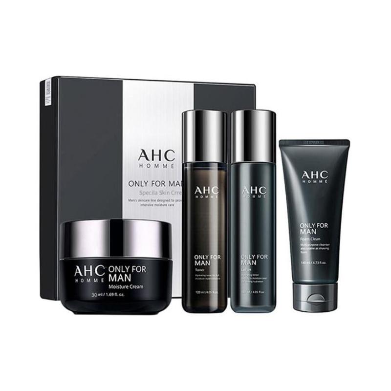 AHC Homme Men 4Pcs Official Skincare Gift Set, Cleanser Toner Emulsion Cream Deep Moisturizing Oil Control Facial Kit 140ml+120ml+120ml+30ml