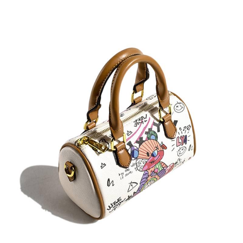 Small Cute Bear Doodle Boston Messenger Bag With Adjustable Strap Fashion White Handbag Ladies Casual Shoulder Bags Dating Purse