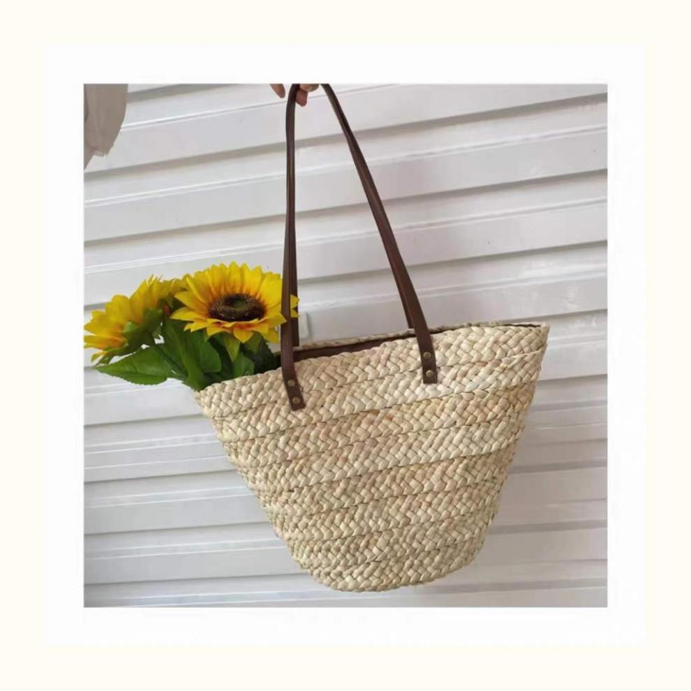 Vintage French Large Corn Husk Woven Tote – Handmade Straw Shoulder Bag for Women