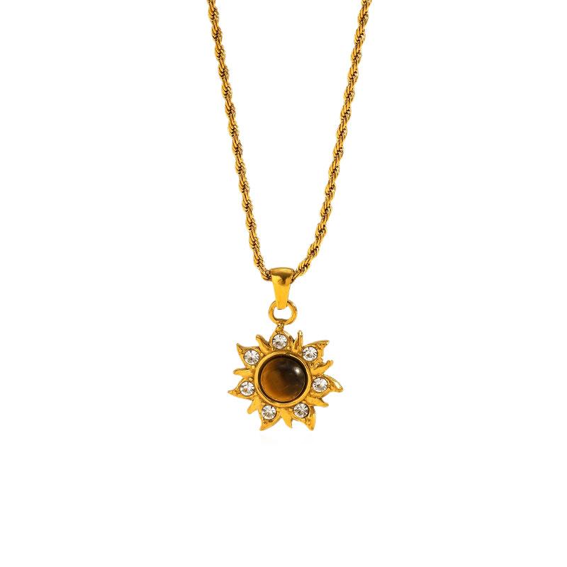 Light Luxury Sunflower Tiger Eye Stone Gold Choker Necklace Retro Unique Pendant For Women
