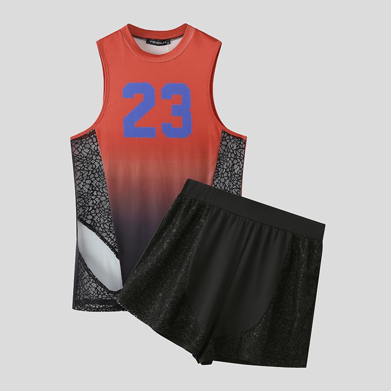 INCERUN Men Sleeveless Gradient Tops Lace Shorts Fitted Outfit Pajamas Underwear Sets