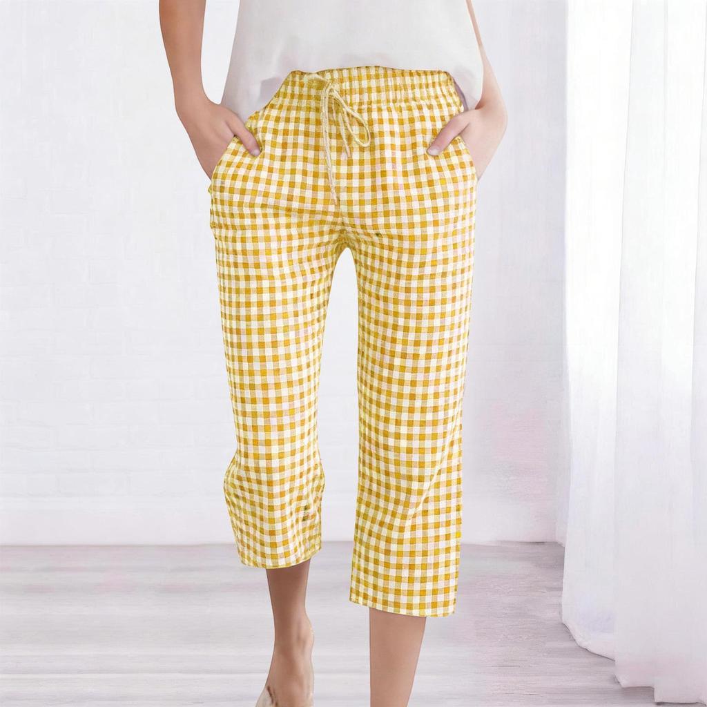 Women's Fashion Tartan Print Elastic Waistband Pocket Loose Casual Seven-Eighths   7/10  PantS