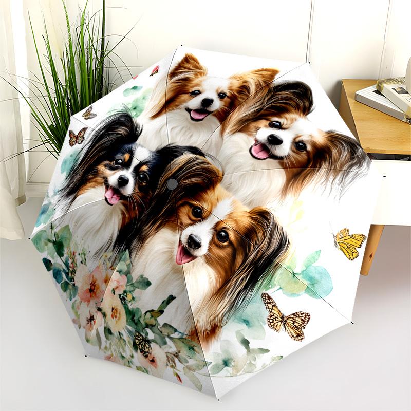 Papillon with Tongue Sticking Out  Pattern, Automatic Folding Umbrella, Portable and Foldable Design, 8 Ribs, a Christmas or Birthday Gift.