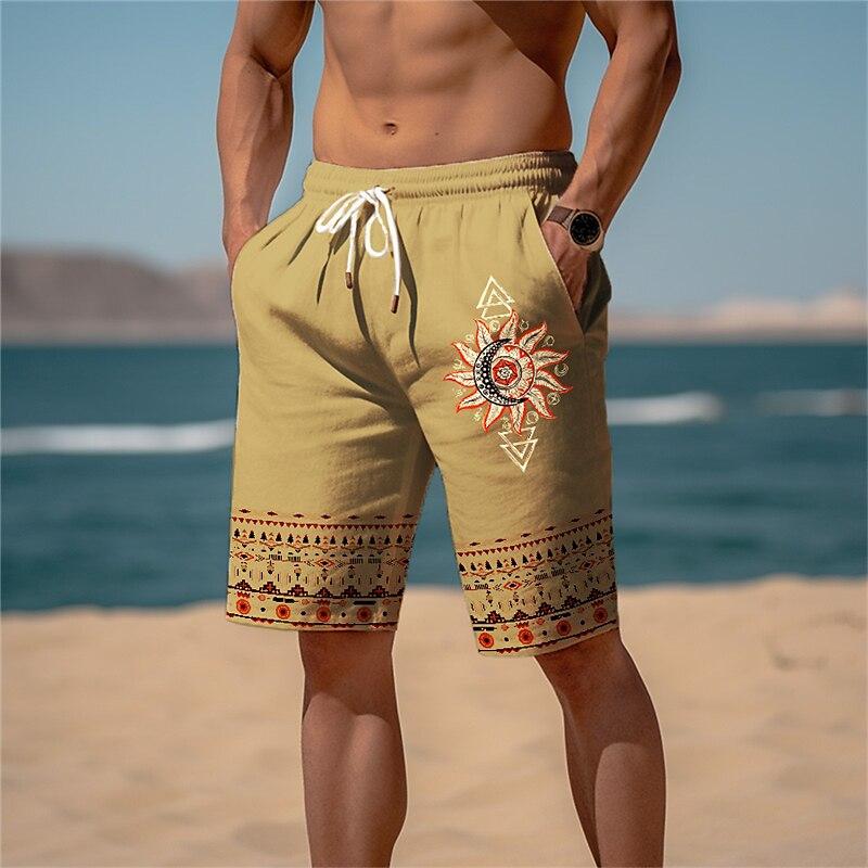 Retro Ethnic Style Graphic Beach Shorts For Men Summer Drawstring Pockets Casual 3D Printed Short Pants Fashion Loose Swim Trunk