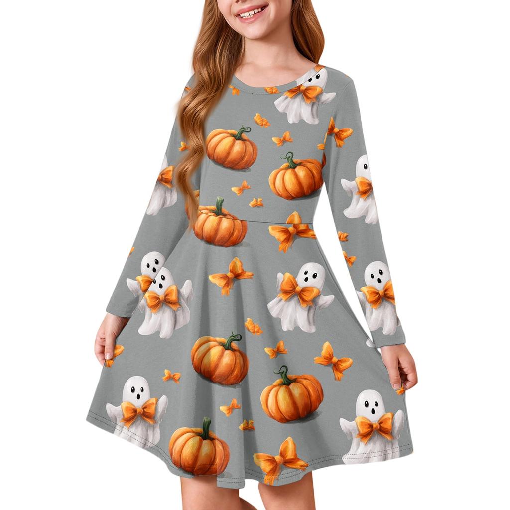 Girls' Summer Princess Dress Halloween Day- Long Sleeve A-Line T-Shirt Dress