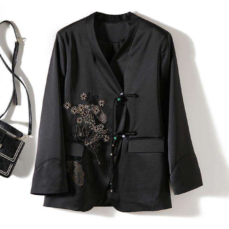 

Экспортные заказы на уровне пенни! Король Женский Ацетат Тенсел Маленький V-образный вырез Пуговица-лягушка Трехмерный Бисер Длинный рукав Костюм Пальто Весна и Осень Black 3XL