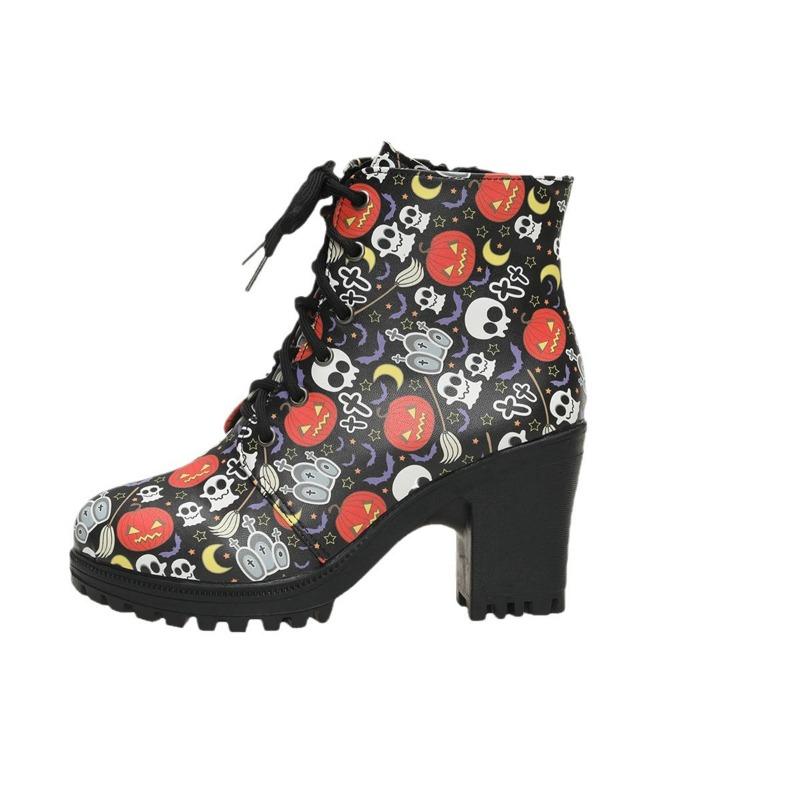 Skull thick heel short boots women wear autumn and winter new fashion high heel front lace-up fashion boots women