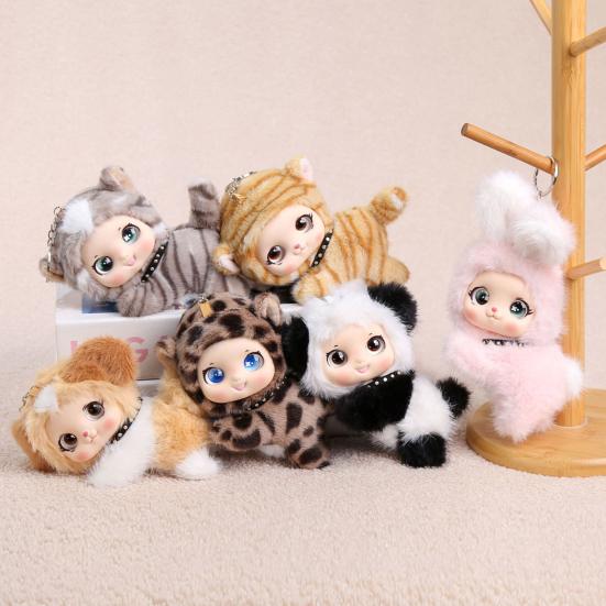 Cute Fluffy Animal Pendant Soft Fluffy Baby Face Cat Tiger Rabbit Panda Puppy Key Ring for Backpack Keys Stress Relief Gift Accessory