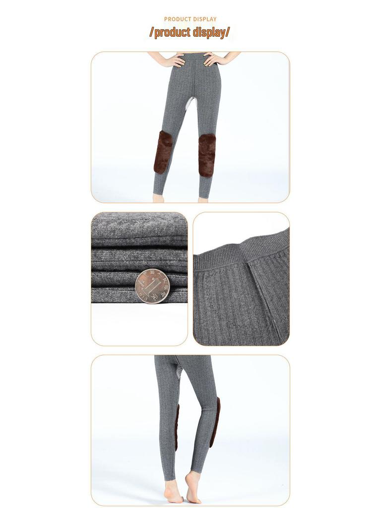 Double-Layer Women's White Cashmere Warm Pants with Fleece-Lined Knee Pads