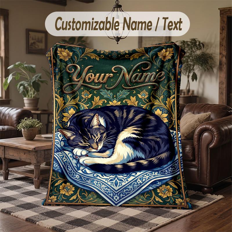 Sleepy Cat Dreams Theme Throw Blanket Custom Name Text Personalized Blanket Soft Cozy Blanket for Home Sofa Bed