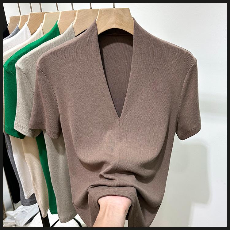 Threaded Fashion V-neck Short-sleeved T-shirt Women's Summer New Slim-fit Half-sleeved T-shirt Top