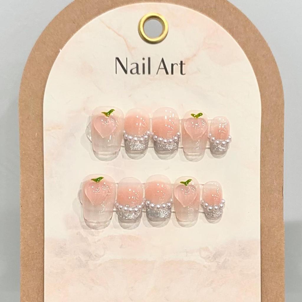 

Искусственные ногти ручной работы, симпатичные, персиковые, нежно-румяные, кошачий глаз, жемчуг, набор для накладных ногтей с клеем, многоразовые и съемные, накладные ногти L