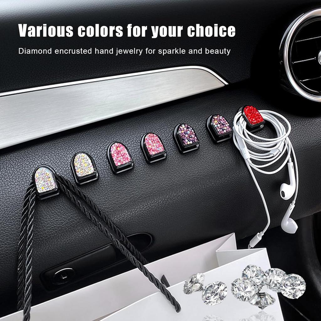 4PCS Bling Car Mini Hooks, Multifunctional Adhesive Small Auto Storage Hook for Key Cable Mask, Crystal Rhinestone Dashboard Hanging Hook, Interior