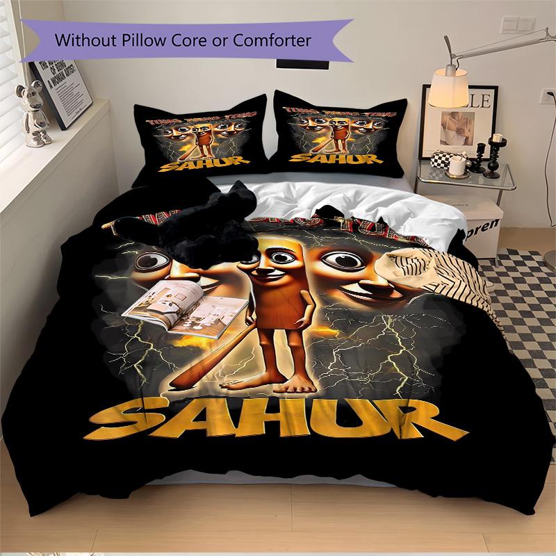 Thunderous Tung Tung Sahur Print 3Pcs Bedding Setduvet Cover With 2 Bedropillowcase Home Birthday Gift