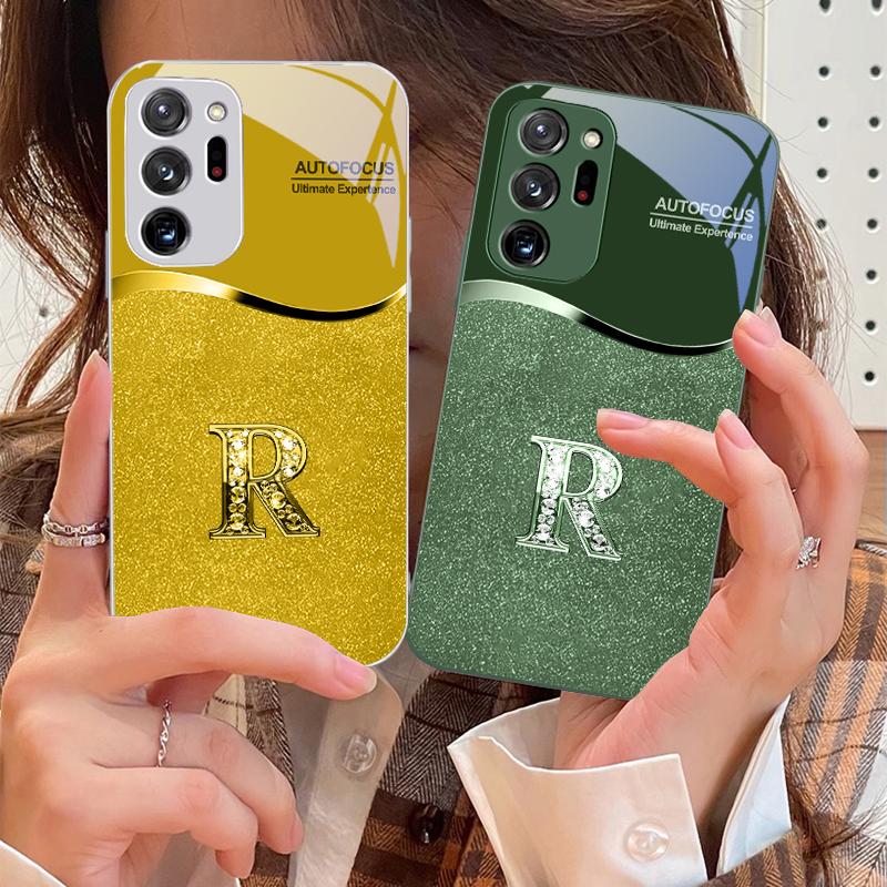 Golden edged letter R For Samsung M 02 12 Note 8 9 10 20 A 01 A02 A03 Core 04 A05 06 10 12 13 14 15 A16 glass Ultra phone case