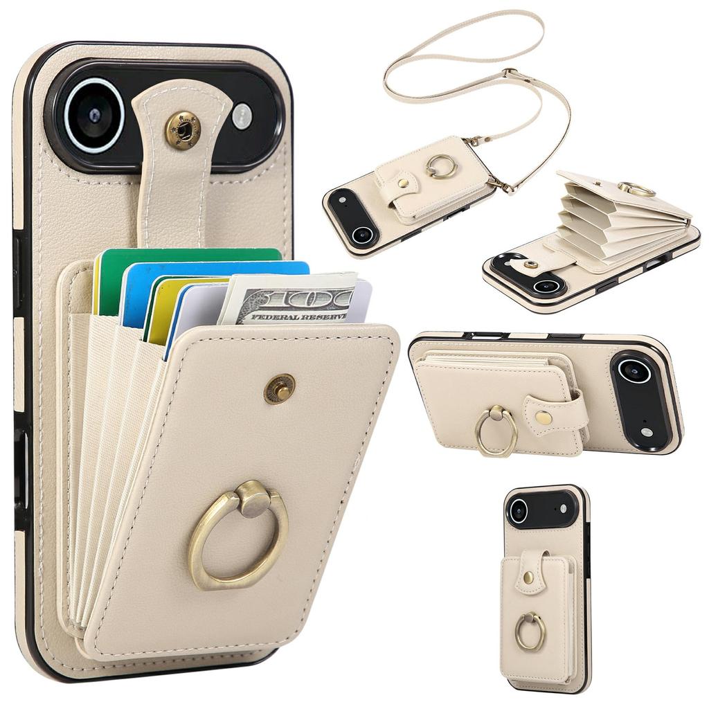 For iPhone Air Case Card Holder Ring Kickstand TPU + PU Leather Phone Cover with Long Strap