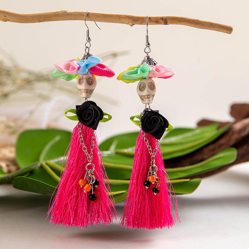Halloween, Divertenti Divertenti Orecchini con Tassel Teschio Perline di Riso Creativi Orecchini a Rosa