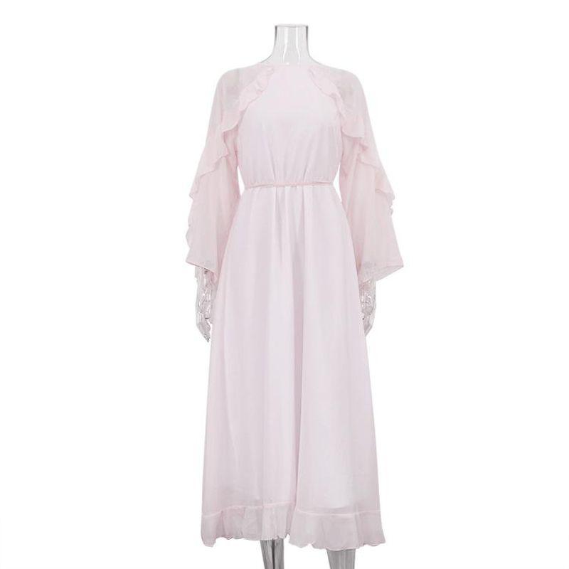 

2025 Spring and Summer European and American New Frill Lace-up Long sleeve dress Women Temperament High Sense Pink Long dress Pink L
