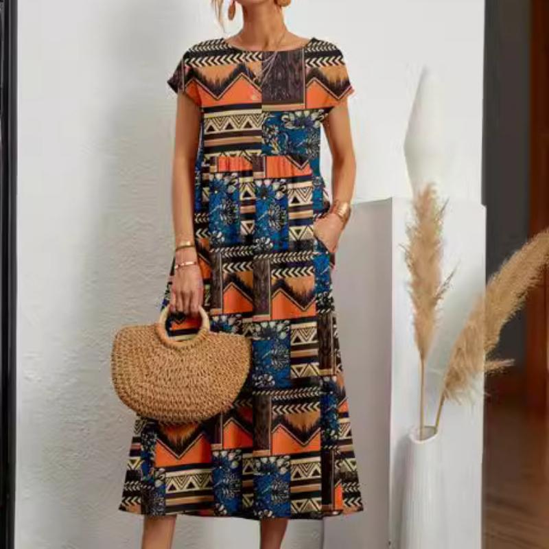 GMXIA Fashion Women's Loose Cotton and Linen O-Neck Printed Summer Dresses