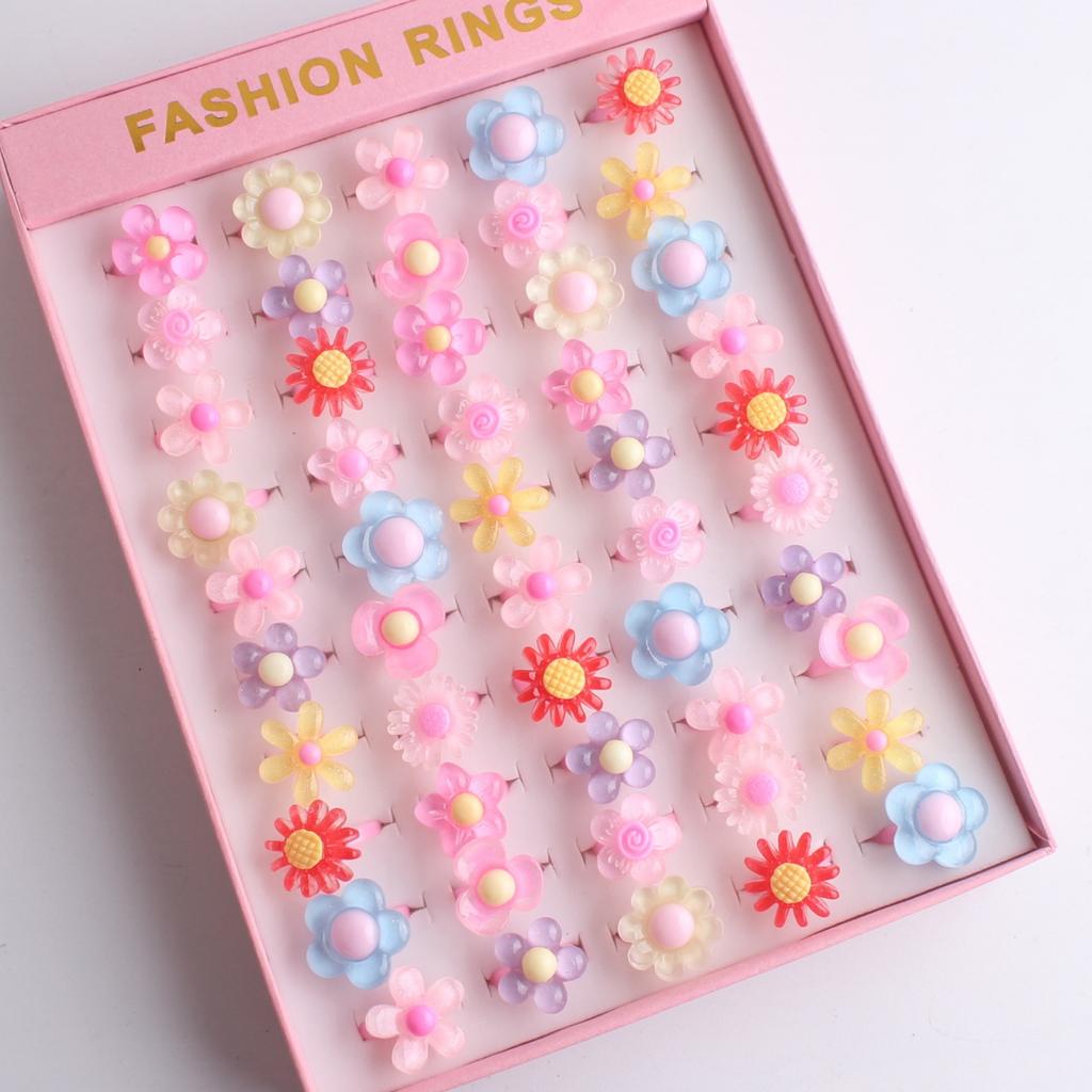 50Pcs Cartoon resin children's ring - Sweet flower ring - Gift box set finger ring - Party gift