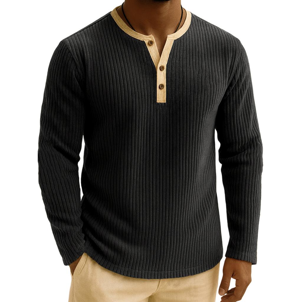 Men's Solid Color Ribbed Textured Button Down Round Neck Long Sleeved Top