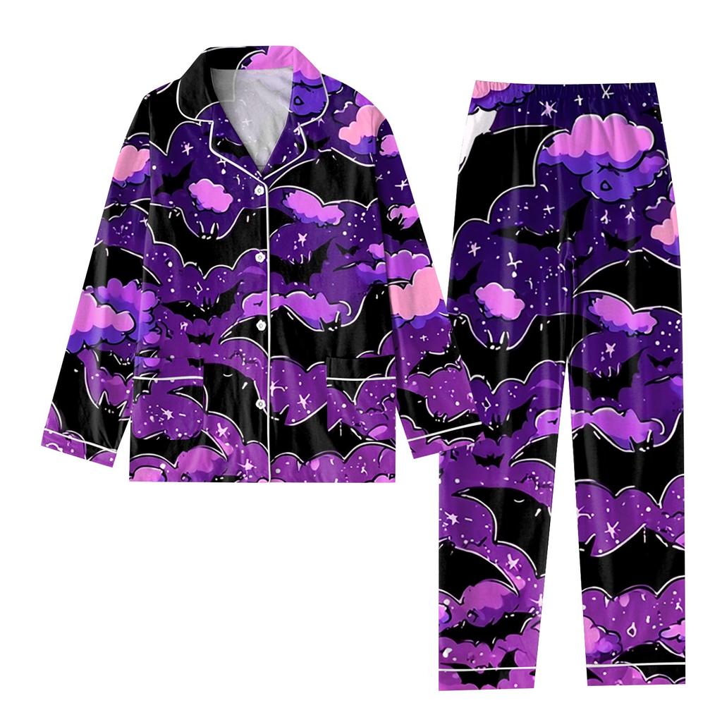 Women's 2 Piece Printed Suit Long Sleeve Button Up Top Wide Leg Pants Suit Set Pajamas Home Casual Suit
