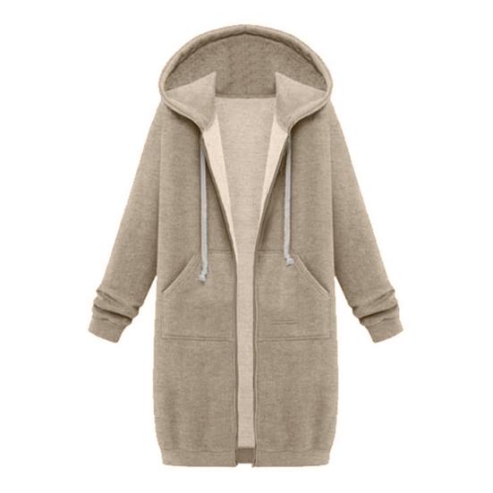Women Sweatshirt Coat Hooded Adjustable Drawstring Long Sleeve Coat with Pockets Solid Color Mid-length
