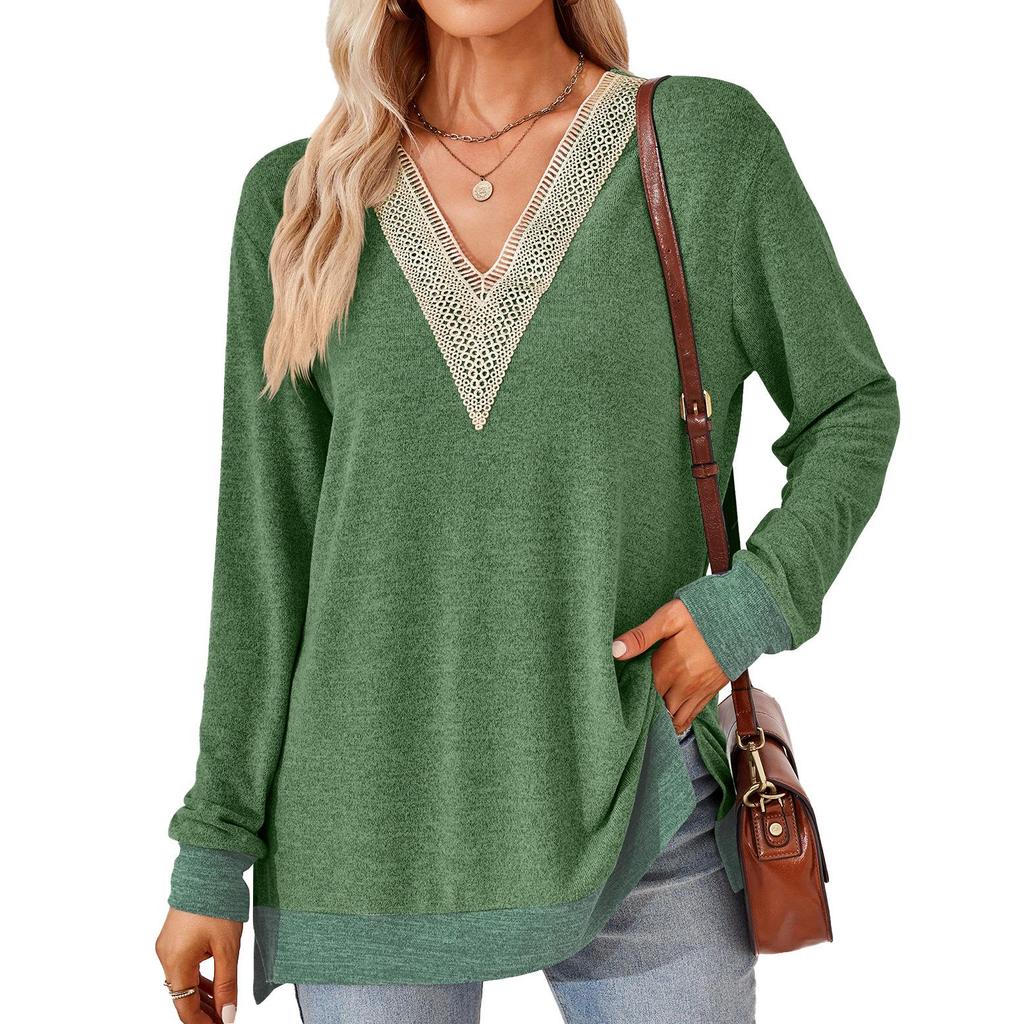 Herbst und Winter Damenbluse mit V-Ausschnitt, Spitze, einfarbig, lockere Langarm-Tops