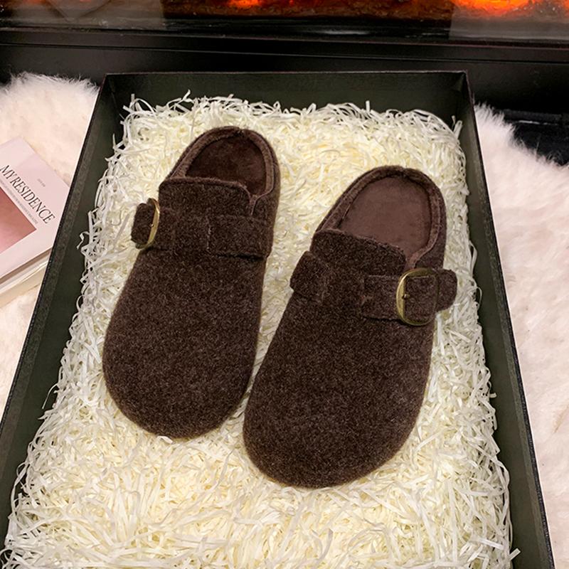 Height-increasing Platform Birkenstock Bag Head Half Slippers Women's New French Muffin Gray Fluffy Slippers Women's Outer Wear Muller Shoes