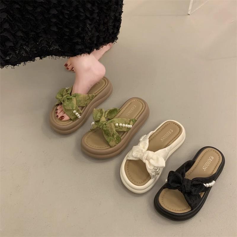 Bow Pearl Slippers Women's Summer New Outer Wear One-word Soft-bottom Sandals