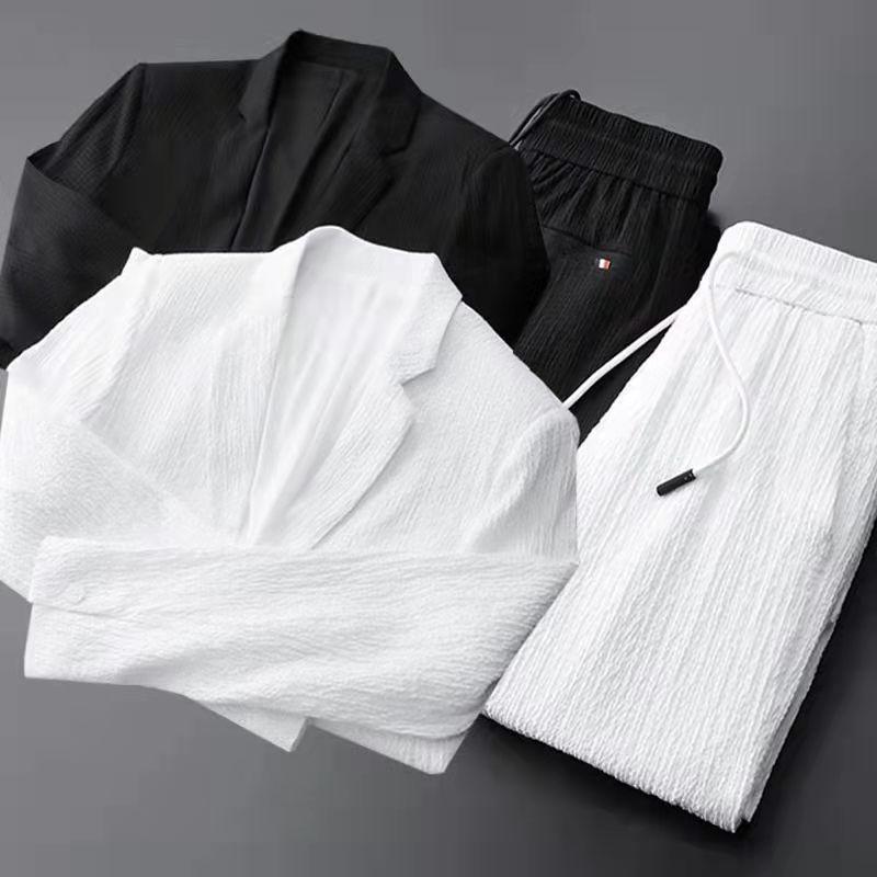 Abito da Uomo Due Pezzi Righe Pieghettate Set Pantaloni da Uomo Pieghettati Coulisse Ampi Rever Tasche Sottile Formale Business Set Uomo