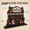 Wooden Coffee Shop Sign Halloween Bar Sign, Fall Harvest Tabletop Decor Plaque with Pumpkin And Ghost Home Cat, Retro Ornament for Kitchen Counter