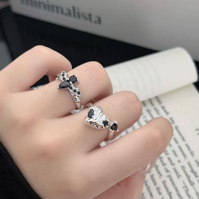 Irregular Love Dark Personality Black Zircon Bat Open Ring Niche Punk Stacked Ring Woman